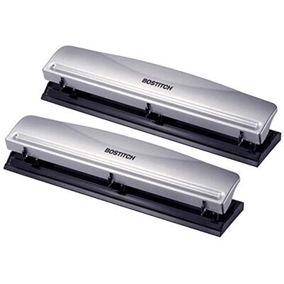 Bostitch Perforadora de 3 agujeros, capacidad para 12 hojas, metal, plata, paquete de 2 Bostitch Perforadora de 3 agujeros, capacidad para 12 hojas, metal, plata, paquete de 2