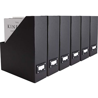Blu Monaco Soporte plegable negro para revistas con soporte de etiquetas de cuero, juego de 6 cajas de cartón para archivos, organizador de archivos de escritorio Blu Monaco Soporte plegable negro para revistas con soporte de etiquetas de cuero, juego de 6 cajas de cartón para archivos, organizador de archivos de escritorio