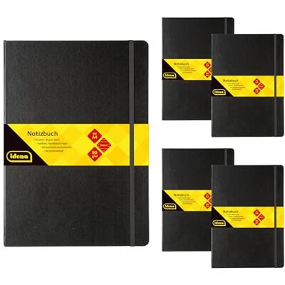 Idena 90450 Cuaderno A4 rayado, 5 unidades, 192 hojas de 80 g/m² en color crema, con bolsillo interior, goma elástica y marcapáginas, tapa dura en negro Idena 90450 Cuaderno A4 rayado, 5 unidades, 192 hojas de 80 g/m² en color crema, con bolsillo interior, goma elástica y marcapáginas, tapa dura en negro