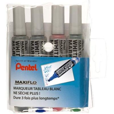 Pentel Maxiflo MWL6 Estuche de 4 rotuladores para pizarra blanca (punta biselada, trazo grueso), color negro, azul, rojo y verde Pentel Maxiflo MWL6 Estuche de 4 rotuladores para pizarra blanca (punta biselada, trazo grueso), color negro, azul, rojo y verde