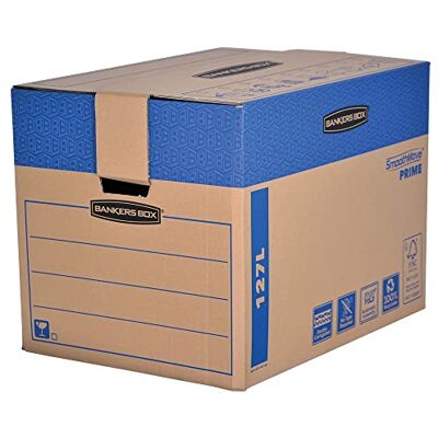 Bankers Box pack 5 cajas mudanza 127L (45,5×60,5×45,5cm), cartón doble, asas, sin cinta, montaje FastFold – resistentes, 100% reciclables – ideal para mudanza y almacenaje Bankers Box pack 5 cajas mudanza 127L (45,5×60,5×45,5cm), cartón doble, asas, sin cinta, montaje FastFold – resistentes, 100% reciclables – ideal para mudanza y almacenaje