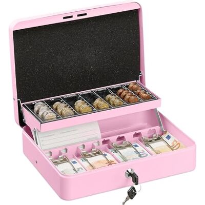 Relaxdays Caja Dinero con Llave, Bandeja Monedas y 4 Espacios Billetes, Cajita Hierro, 8,5x30,5x24,5 cm, Rosa Relaxdays Caja Dinero con Llave, Bandeja Monedas y 4 Espacios Billetes, Cajita Hierro, 8,5x30,5x24,5 cm, Rosa