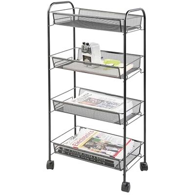 Q-Connect Estantería de 4 baldas, con rueda/Soporte de almacenamiento con ruedas 4 bandejas de metal/Negro / 43,5 x 26,5 x 86 cm Q-Connect Estantería de 4 baldas, con rueda/Soporte de almacenamiento con ruedas 4 bandejas de metal/Negro / 43,5 x 26,5 x 86 cm