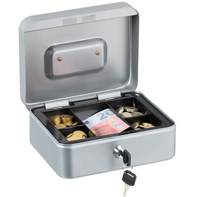 Relaxdays Caja de Dinero, Cerradura, Bandeja Extraíble, 5 Compartimentos, Cajita Hierro, 8,5 x 20 x 17 cm, Plateado Relaxdays Caja de Dinero, Cerradura, Bandeja Extraíble, 5 Compartimentos, Cajita Hierro, 8,5 x 20 x 17 cm, Plateado