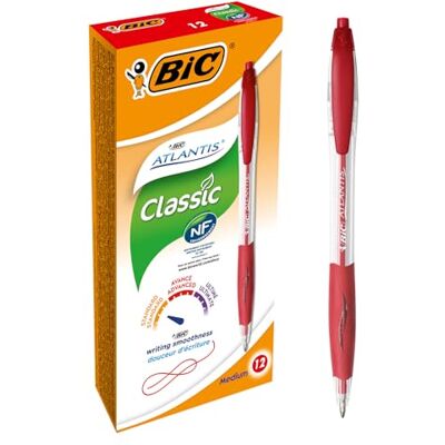 BIC Atlantis Classic Bolígrafos Retráctiles de Punta Media (1,0 mm) Rojo, Pack de 12 BIC Atlantis Classic Bolígrafos Retráctiles de Punta Media (1,0 mm) Rojo, Pack de 12