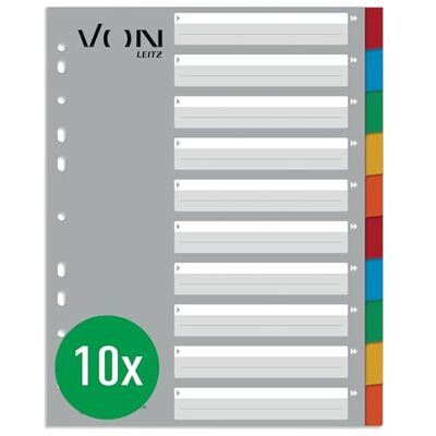 Leitz VON 12990000 Paquete de 10 índices A4 extra anchos, 100% cartón reciclado, von , pestañas en blanco, índice universal de 11 agujeros para grapadoras y carpetas de anillas, 10 Leitz VON 12990000 Paquete de 10 índices A4 extra anchos, 100% cartón reciclado, von , pestañas en blanco, índice universal de 11 agujeros para grapadoras y carpetas de anillas, 10