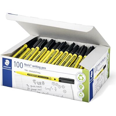 STAEDTLER Noris Writing Pen 307 Rotulador de punta fina (97% plástico reciclado según ISO 14021, estuche escolar, 100 unidades, 307-9 C100), color negro STAEDTLER Noris Writing Pen 307 Rotulador de punta fina (97% plástico reciclado según ISO 14021, estuche escolar, 100 unidades, 307-9 C100), color negro