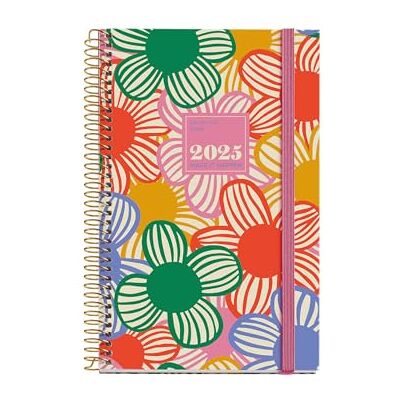 Miquelrius Agenda 2025, Agenda anual 117x182 mm, Agenda día página, Cubierta cartón forrado plastificado, Espiral, Cierre goma elástica, Papel 80 g/m², Español, Inglés y Portugués, Flowery Miquelrius Agenda 2025, Agenda anual 117x182 mm, Agenda día página, Cubierta cartón forrado plastificado, Espiral, Cierre goma elástica, Papel 80 g/m², Español, Inglés y Portugués, Flowery