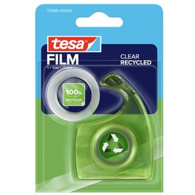 tesa film CLEAR RECYCLED cinta adhesiva transparente de plástico 100% reciclado, 1 rollo 10 m x 15 mm + dispensador manual (blíster) tesa film CLEAR RECYCLED cinta adhesiva transparente de plástico 100% reciclado, 1 rollo 10 m x 15 mm + dispensador manual (blíster)