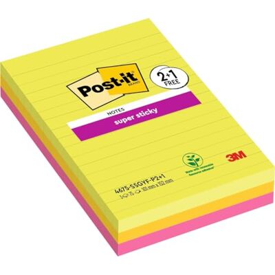 Post-It Super Sticky Notas Grandes, Colores Surtidos, Con Líneas, 101 mm x 152 mm, 76 Hojas/Bloc, 3 Blocs/Paquete Post-It Super Sticky Notas Grandes, Colores Surtidos, Con Líneas, 101 mm x 152 mm, 76 Hojas/Bloc, 3 Blocs/Paquete