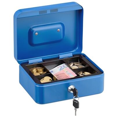 Relaxdays Caja de Dinero, Cerradura, Bandeja Extraíble, 5 Compartimentos, Cajita Hierro, 8,5 x 20 x 17 cm, Azul Relaxdays Caja de Dinero, Cerradura, Bandeja Extraíble, 5 Compartimentos, Cajita Hierro, 8,5 x 20 x 17 cm, Azul