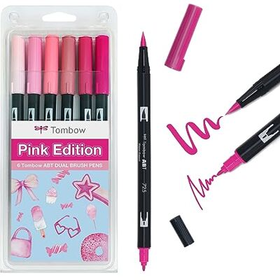 Tombow ABT Dual Brush Pen Pink Edition Bolígrafo con dos puntas, perfecto para escribir a mano y diario de balas, se puede pintar en agua, 6 unidades Tombow ABT Dual Brush Pen Pink Edition Bolígrafo con dos puntas, perfecto para escribir a mano y diario de balas, se puede pintar en agua, 6 unidades
