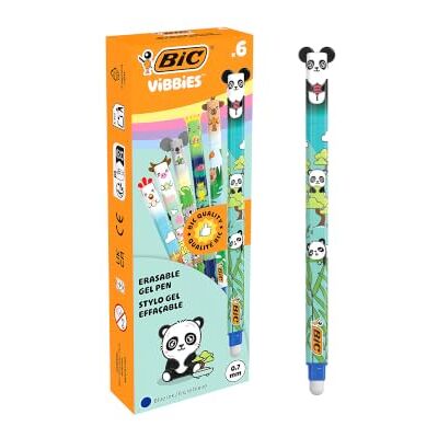 BIC Vibbies Bolígrafos de Gel Borrables con Capuchones con forma de Animales Kawaii Tinta Azul, Pack de 6 BIC Vibbies Bolígrafos de Gel Borrables con Capuchones con forma de Animales Kawaii Tinta Azul, Pack de 6