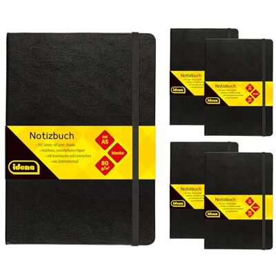 Idena 90444 Cuaderno A5 en blanco, 5 unidades, 192 hojas de 80 g/m² en color crema, con bolsillo interior, goma elástica y marcapáginas, tapa dura en negro Idena 90444 Cuaderno A5 en blanco, 5 unidades, 192 hojas de 80 g/m² en color crema, con bolsillo interior, goma elástica y marcapáginas, tapa dura en negro