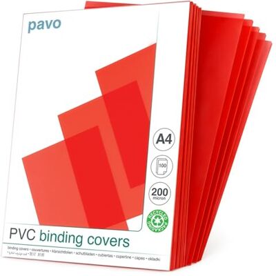 Pavo A4 Portadas para encuadernar de PVC Rojo/transparente, 200 micras, pack de 100 Pavo A4 Portadas para encuadernar de PVC Rojo/transparente, 200 micras, pack de 100