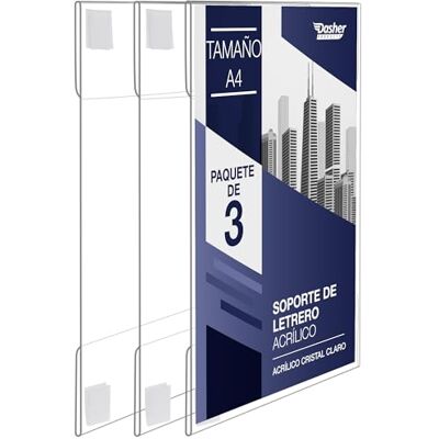Dasher Products Soporte de letrero acrílico con adhesivo de gancho y bucle, A4 retrato o paisaje, 3 unidades, marco de montaje en pared transparente, soporte para carteles, tablero de mensajes de plástico Dasher Products Soporte de letrero acrílico con adhesivo de gancho y bucle, A4 retrato o paisaje, 3 unidades, marco de montaje en pared transparente, soporte para carteles, tablero de mensajes de plástico