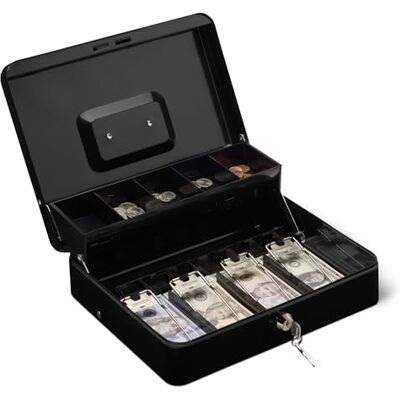 Amazon Basics Caja para dinero con llave de cierre y bandeja para dinero, 9 x 30 x 24 cm, negro Amazon Basics Caja para dinero con llave de cierre y bandeja para dinero, 9 x 30 x 24 cm, negro