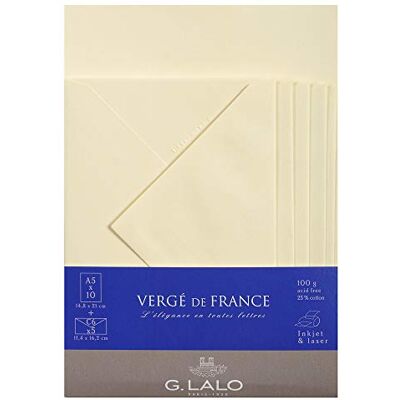G. Lalo conjunto 10 hojas y 5 sobres Verge de France marfil formato A5, 21.30 X 16.30 x 0.80 cm, marfil G. Lalo conjunto 10 hojas y 5 sobres Verge de France marfil formato A5, 21.30 X 16.30 x 0.80 cm, marfil