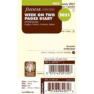 Filofax 21-68124 Mini semana en dos páginas 4 idiomas Algodón Crema 2021 Filofax 21-68124 Mini semana en dos páginas 4 idiomas Algodón Crema 2021