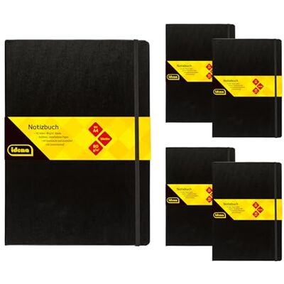 Idena 90449 Cuaderno A4 en blanco, 5 unidades, 192 hojas de 80 g/m² en color crema, con bolsillo interior, goma elástica y marcapáginas, tapa dura en color negro Idena 90449 Cuaderno A4 en blanco, 5 unidades, 192 hojas de 80 g/m² en color crema, con bolsillo interior, goma elástica y marcapáginas, tapa dura en color negro