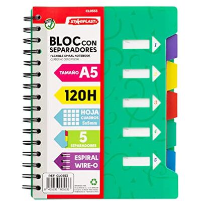 Starplast Bloc Libreta A5 Con Separadores Cuadriculado 5x5mm, Espiral metálica, tapa plástico, 120 hojas, 4 colores Verde Starplast Bloc Libreta A5 Con Separadores Cuadriculado 5x5mm, Espiral metálica, tapa plástico, 120 hojas, 4 colores Verde