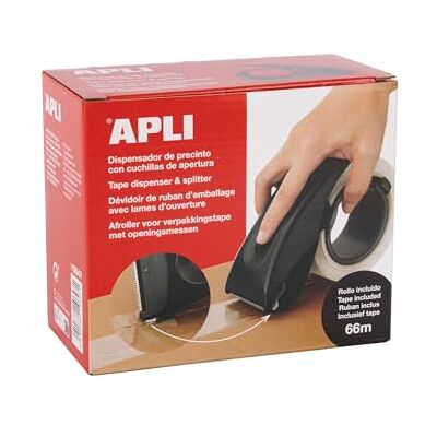 APLI Dispensador 2 en 1 de cinta de embalar con cuchillas de apertura, precintadora de mano con rollo incluido APLI Dispensador 2 en 1 de cinta de embalar con cuchillas de apertura, precintadora de mano con rollo incluido