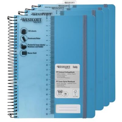 Westcott Cuaderno espiral PP A5 cuadriculado Turquesa (Pack de 4) Cuaderno espiral A5 cubierta PP 70 g/m², FSC-Mix (FSC® C189289), 200 p., campo nombre, marcapáginas/regla Westcott Cuaderno espiral PP A5 cuadriculado Turquesa (Pack de 4) Cuaderno espiral A5 cubierta PP 70 g/m², FSC-Mix (FSC® C189289), 200 p., campo nombre, marcapáginas/regla