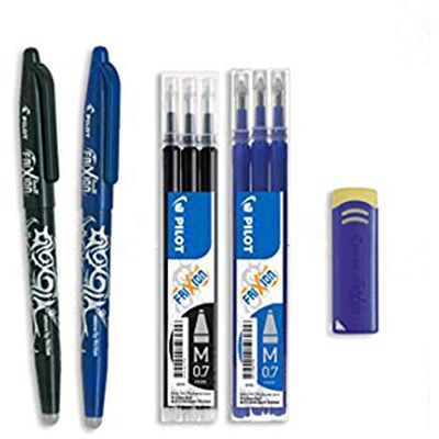 PILOT Caja de 2 FriXion Ball + 2 Set de 3 recambios + 1 goma -Bolígrafo rollerball recargable 2 Azul, 2 Negro Punta Media PILOT Caja de 2 FriXion Ball + 2 Set de 3 recambios + 1 goma -Bolígrafo rollerball recargable 2 Azul, 2 Negro Punta Media
