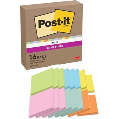Post-It Notas Super Sticky Paquete de 16 Blocs, 90 Hojas por Bloc (76 mm x 76 mm) Colores Surtidos Notas Autoadhesivas para Listas de Tareas y Recordatorios Post-It Notas Super Sticky Paquete de 16 Blocs, 90 Hojas por Bloc (76 mm x 76 mm) Colores Surtidos Notas Autoadhesivas para Listas de Tareas y Recordatorios