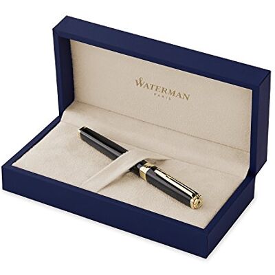 Waterman Exception pluma estilográfica cuerpo fino color negro con clip de oro de 23 quilates plumín mediano con cartucho de tinta azul estuche de regalo Waterman Exception pluma estilográfica cuerpo fino color negro con clip de oro de 23 quilates plumín mediano con cartucho de tinta azul estuche de regalo