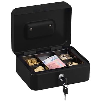 Relaxdays Caja de Dinero, Cerradura, Bandeja Extraíble, 5 Compartimentos, Cajita Hierro, 8,5 x 20 x 17 cm, Negro Relaxdays Caja de Dinero, Cerradura, Bandeja Extraíble, 5 Compartimentos, Cajita Hierro, 8,5 x 20 x 17 cm, Negro