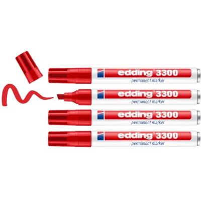 Edding 3300 marcador permanente rojo 4 rotuladores punta biselada 1-5 mm indeleble de secado rápido resistente al agua y a los borrones cartón, plástico, madera, metal, tela universal Edding 3300 marcador permanente rojo 4 rotuladores punta biselada 1-5 mm indeleble de secado rápido resistente al agua y a los borrones cartón, plástico, madera, metal, tela universal