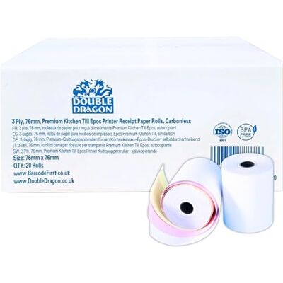 Dragon 76 x 76 mm, Rollo de Papel Autocopiativo de 3 Capas para Impresora de Cocina, Calculadora de Impresión, Impresora de Recibos No Térmica POS, Impresora de Impacto Matricial 20 Rollos Dragon 76 x 76 mm, Rollo de Papel Autocopiativo de 3 Capas para Impresora de Cocina, Calculadora de Impresión, Impresora de Recibos No Térmica POS, Impresora de Impacto Matricial 20 Rollos