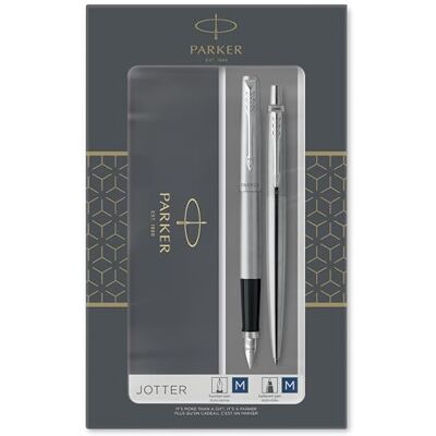 PARKER Jotter set de regalo doble con bolígrafo y pluma estilográficaacero inoxidable con adorno cromadocartuchos y recambio de tinta azulestuche de regalo PARKER Jotter set de regalo doble con bolígrafo y pluma estilográficaacero inoxidable con adorno cromadocartuchos y recambio de tinta azulestuche de regalo