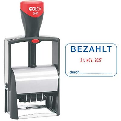 COLOP 2660 Sello de fecha con texto pagado y fecha en alemán, color azul y rojo en caja de cartón COLOP 2660 Sello de fecha con texto pagado y fecha en alemán, color azul y rojo en caja de cartón