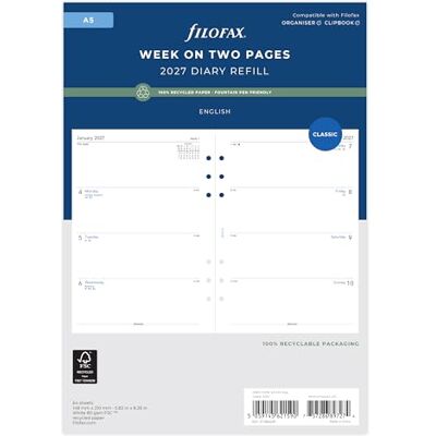 Filofax Agenda 2027, tamaño A5, semana en dos páginas, papel reciclado inglés, Filofax Agenda 2027, tamaño A5, semana en dos páginas, papel reciclado inglés,