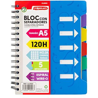 Starplast Bloc Libreta A5 Con Separadores Cuadriculado 5x5mm, Espiral metálica, tapa plástico, 120 hojas, 4 colores Azul Starplast Bloc Libreta A5 Con Separadores Cuadriculado 5x5mm, Espiral metálica, tapa plástico, 120 hojas, 4 colores Azul