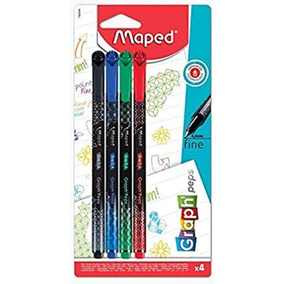 Maped Graph'Peps Deco Fieltros de punta fina de 0,4 mm, punta resistente, comodidad de escritura y dibujo, 4 bolígrafos de fieltro, color negro, verde, rojo, azul Maped Graph'Peps Deco Fieltros de punta fina de 0,4 mm, punta resistente, comodidad de escritura y dibujo, 4 bolígrafos de fieltro, color negro, verde, rojo, azul