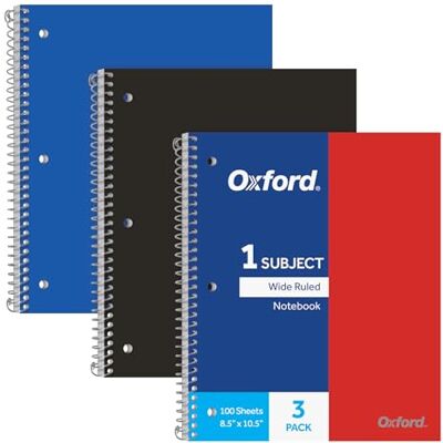 Oxford Spiral Notebooks, 1-Subject, Wide Ruled Paper, Durable Plastic Cover, 100 Sheets, Divider Pocket, 3 per Pack () Oxford Spiral Notebooks, 1-Subject, Wide Ruled Paper, Durable Plastic Cover, 100 Sheets, Divider Pocket, 3 per Pack ()