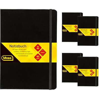 Idena 90445 Cuaderno A5 rayado, 5 unidades, 192 hojas de 80 g/m² en color crema, con bolsillo interior, goma elástica y marcapáginas, tapa dura en negro Idena 90445 Cuaderno A5 rayado, 5 unidades, 192 hojas de 80 g/m² en color crema, con bolsillo interior, goma elástica y marcapáginas, tapa dura en negro