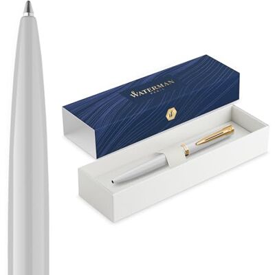 Waterman Impression Bolígrafo Punta media con recarga de tinta azul Laca blanca con adornos chapados en oro Caja de regalo Waterman Impression Bolígrafo Punta media con recarga de tinta azul Laca blanca con adornos chapados en oro Caja de regalo