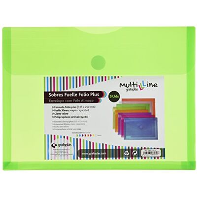 Grafoplas Pack 5 Sobres de Plastico, Color Verde, Tamaño Folio + con Fuelle 30mm, 33,5x25cm, Gran Capacidad, Perfecto para Documentos a4 y Folio, Colección Multiline Grafoplas Pack 5 Sobres de Plastico, Color Verde, Tamaño Folio + con Fuelle 30mm, 33,5x25cm, Gran Capacidad, Perfecto para Documentos a4 y Folio, Colección Multiline