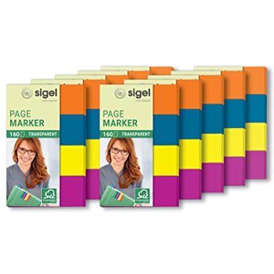 Sigel Marcapáginas, cinta de filme transparente y adhesivos, 10 fundas de 160 tiras de 50 x 20 mm, 4 colores Sigel Marcapáginas, cinta de filme transparente y adhesivos, 10 fundas de 160 tiras de 50 x 20 mm, 4 colores