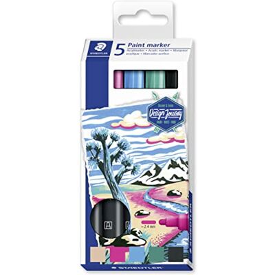 STAEDTLER Rotulador acrílico Lumocolor Design Journey, tinta acrílica permanente, resistente a manchas y al agua, ancho de línea de 2,4 mm, color brillante, 5 rotuladores en colores surtidos, , STAEDTLER Rotulador acrílico Lumocolor Design Journey, tinta acrílica permanente, resistente a manchas y al agua, ancho de línea de 2,4 mm, color brillante, 5 rotuladores en colores surtidos, ,