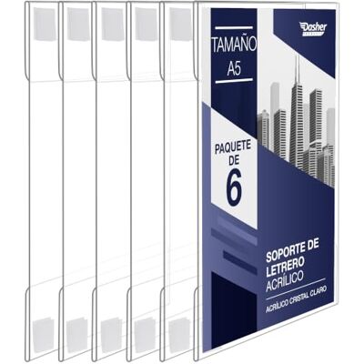 Dasher Products Soporte de letrero acrílico con adhesivo de gancho y bucle, A4 retrato o paisaje, marco transparente de pared, soporte para carteles, tablero de mensajes para hogar y oficina (A5-6 Unidades) Dasher Products Soporte de letrero acrílico con adhesivo de gancho y bucle, A4 retrato o paisaje, marco transparente de pared, soporte para carteles, tablero de mensajes para hogar y oficina (A5-6 Unidades)