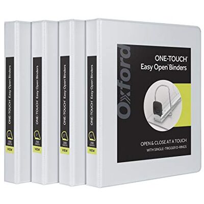 Oxford Carpetas de 3 anillos, anillos en D de 1 pulgada de apertura fácil de abrir con un solo toque, cubiertas de carpeta en 3 lados, bisagra duradera, antiadherente, sin PVC, blanco, paquete de 4 Oxford Carpetas de 3 anillos, anillos en D de 1 pulgada de apertura fácil de abrir con un solo toque, cubiertas de carpeta en 3 lados, bisagra duradera, antiadherente, sin PVC, blanco, paquete de 4