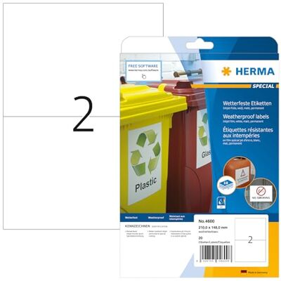 HERMA etiquetas impermeables para impresoras de inyección de tinta, 10 hojas, 210 x 148 mm, 2 hojas por A4, 20 unidades, autoadhesivas, imprimibles, mate, para impresora de inyección de tinta, HERMA etiquetas impermeables para impresoras de inyección de tinta, 10 hojas, 210 x 148 mm, 2 hojas por A4, 20 unidades, autoadhesivas, imprimibles, mate, para impresora de inyección de tinta,