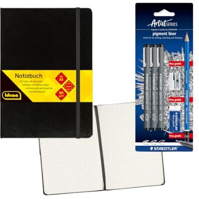 Idena 90326 – Cuaderno DIN A5 con 192 páginas, cuadriculado, incluye set Staedtler Artist con 3 revestimientos de pigmentos, un lápiz, sacapuntas y goma de borrar Idena 90326 – Cuaderno DIN A5 con 192 páginas, cuadriculado, incluye set Staedtler Artist con 3 revestimientos de pigmentos, un lápiz, sacapuntas y goma de borrar