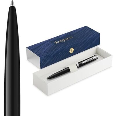 Waterman Impression Bolígrafo Punta media con recarga de tinta azul Laca negra con adornos chapados en paladio Caja de regalo Waterman Impression Bolígrafo Punta media con recarga de tinta azul Laca negra con adornos chapados en paladio Caja de regalo
