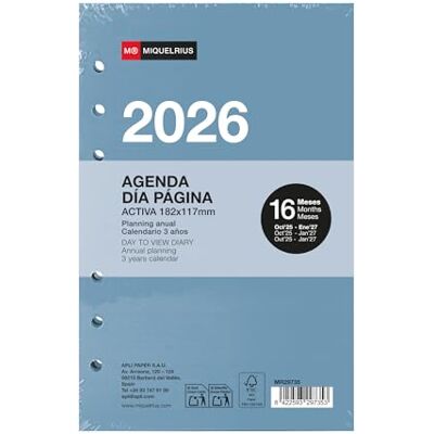 Miquelrius Recambio agenda anillas 2026, 16 meses, Día Página, Recambio diario para agenda de anillas, Similar A6+ (117 x 182 mm), Repuesto para agenda 6 anillas, Español-EN-PT Miquelrius Recambio agenda anillas 2026, 16 meses, Día Página, Recambio diario para agenda de anillas, Similar A6+ (117 x 182 mm), Repuesto para agenda 6 anillas, Español-EN-PT